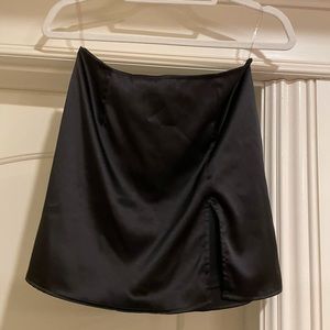 Black faux satin skirt w slit